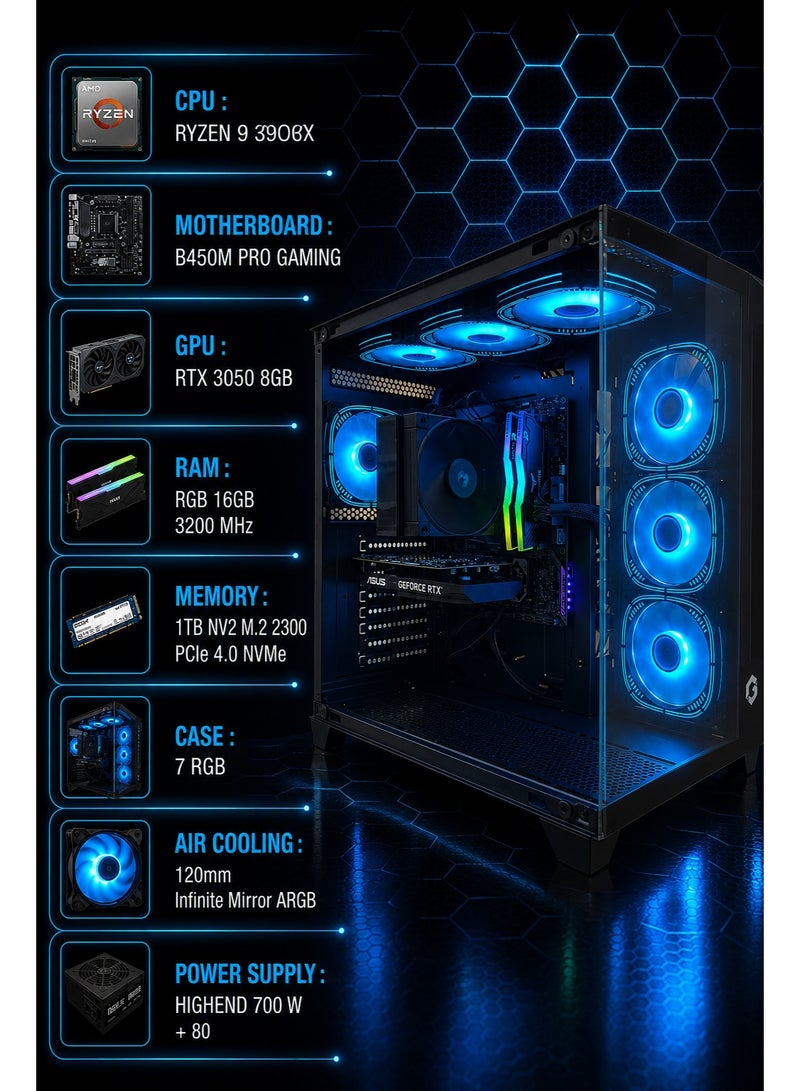 بي سي العاب كمبيوتر PC  قيمنق تجميعة احترافية  –  وبطاقة رسومات  جيفورس  RTX3050 8 جيجا  - معالج RYZEN 9 3900X – لوحة الأم H510M-K Gaming –سبعة مرواح – ذاكرة رام 16 جيجا بايت 3200 ميجابايت RGB وذاكرة تخزين 1 تيرا m.2 بسسرعة 2300 ميغا بايت  و واي فاي مدمج مع نظام تشغيل ويندوز 11 برو - Image 2