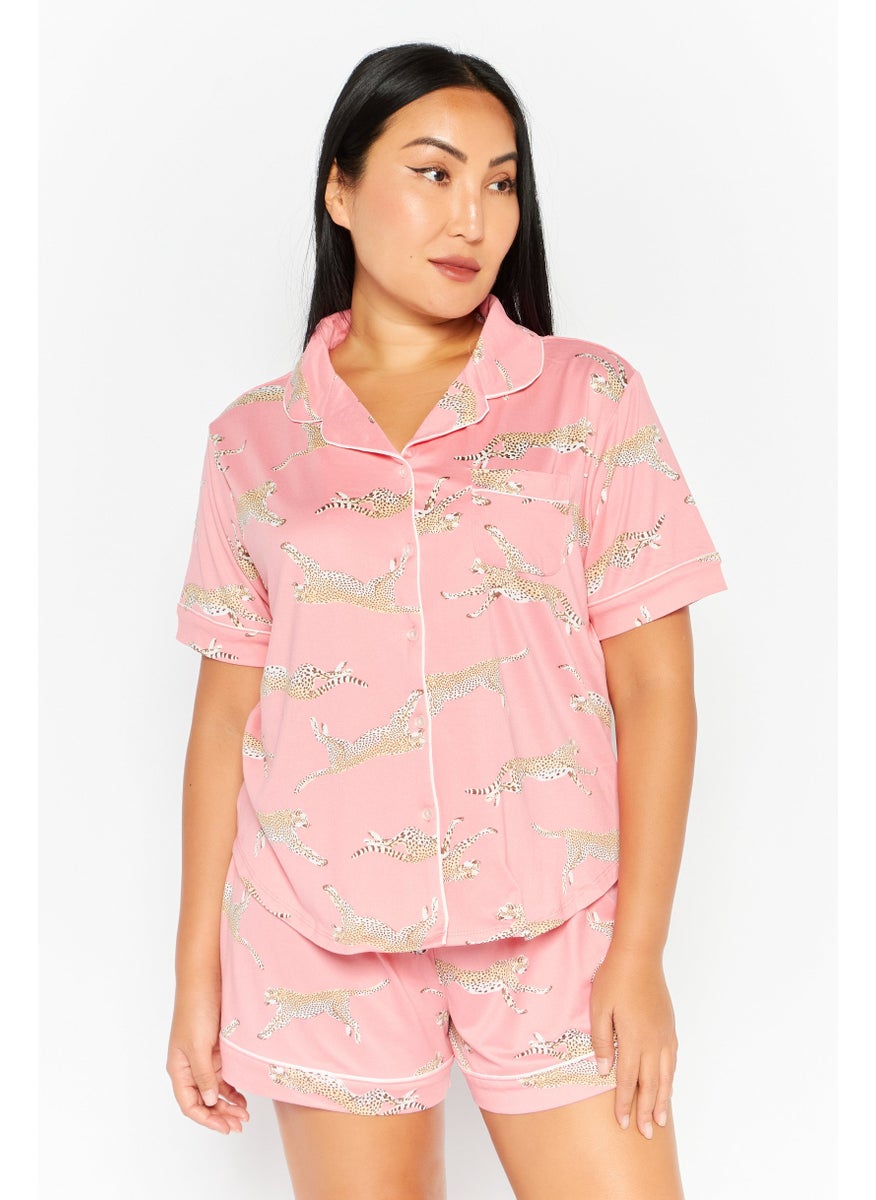 Flora By Flora Nikrooz - Women 2pc Animal Print Pajama Set, Coral Combo - Image 1