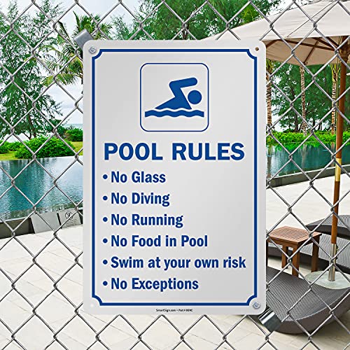 SmartSign 15 x 10 inch “Pool Rules - No Glass, No Diving, No Running, No Food In Pool, Swim At Your Own Risk, No Exceptions” Sign with Symbol, Digitally Printed, 55 mil HDPE Plastic, Blue and White - Image 3