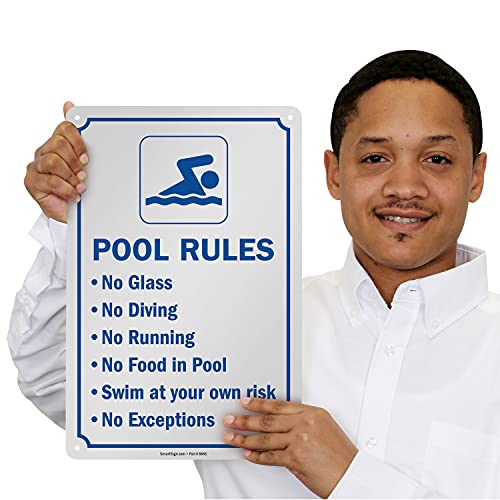 SmartSign 15 x 10 inch “Pool Rules - No Glass, No Diving, No Running, No Food In Pool, Swim At Your Own Risk, No Exceptions” Sign with Symbol, Digitally Printed, 55 mil HDPE Plastic, Blue and White - Image 2
