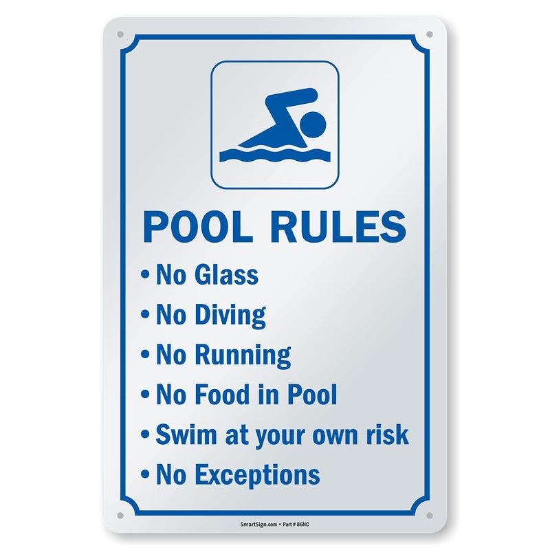 SmartSign 15 x 10 inch “Pool Rules - No Glass, No Diving, No Running, No Food In Pool, Swim At Your Own Risk, No Exceptions” Sign with Symbol, Digitally Printed, 55 mil HDPE Plastic, Blue and White - Image 4