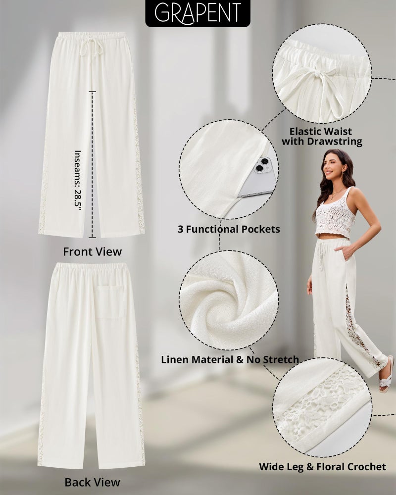 GRAPENT Loose Fitting Pants for Women Loose Linen Pants for Women Pantalones para Mujer Cream White X-Large US Size 16-18 - Image 4