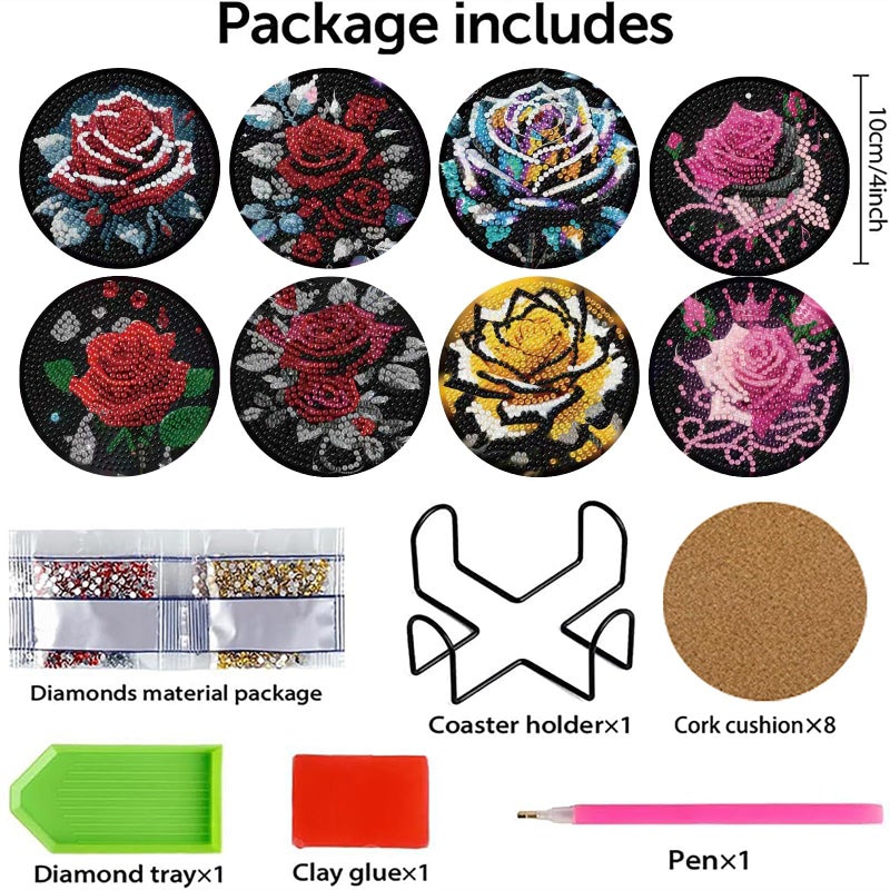 Mrnsiet 8PCS Diamond Art Coasters with Holder, DIY Flowers Diamond Painting Coasters Kits for Adults, Non Slip Rose Florwers Mosaic Dot Painting Coaster Gift Set for Beginners 4x4 Inch - Image 5