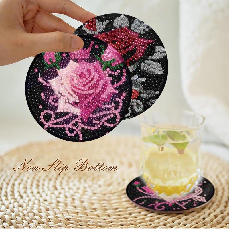 Mrnsiet 8PCS Diamond Art Coasters with Holder, DIY Flowers Diamond Painting Coasters Kits for Adults, Non Slip Rose Florwers Mosaic Dot Painting Coaster Gift Set for Beginners 4x4 Inch - Image 2
