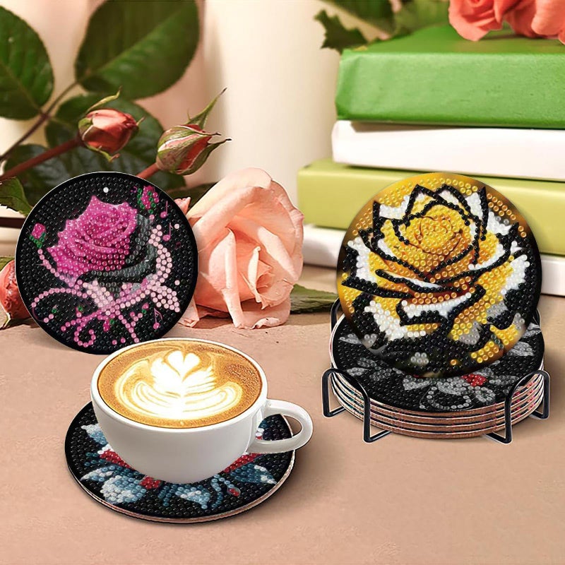 Mrnsiet 8PCS Diamond Art Coasters with Holder, DIY Flowers Diamond Painting Coasters Kits for Adults, Non Slip Rose Florwers Mosaic Dot Painting Coaster Gift Set for Beginners 4x4 Inch - Image 3