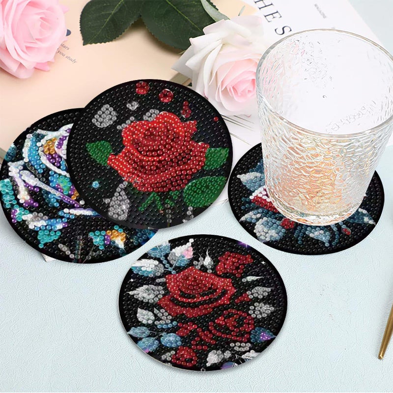 Mrnsiet 8PCS Diamond Art Coasters with Holder, DIY Flowers Diamond Painting Coasters Kits for Adults, Non Slip Rose Florwers Mosaic Dot Painting Coaster Gift Set for Beginners 4x4 Inch - Image 4