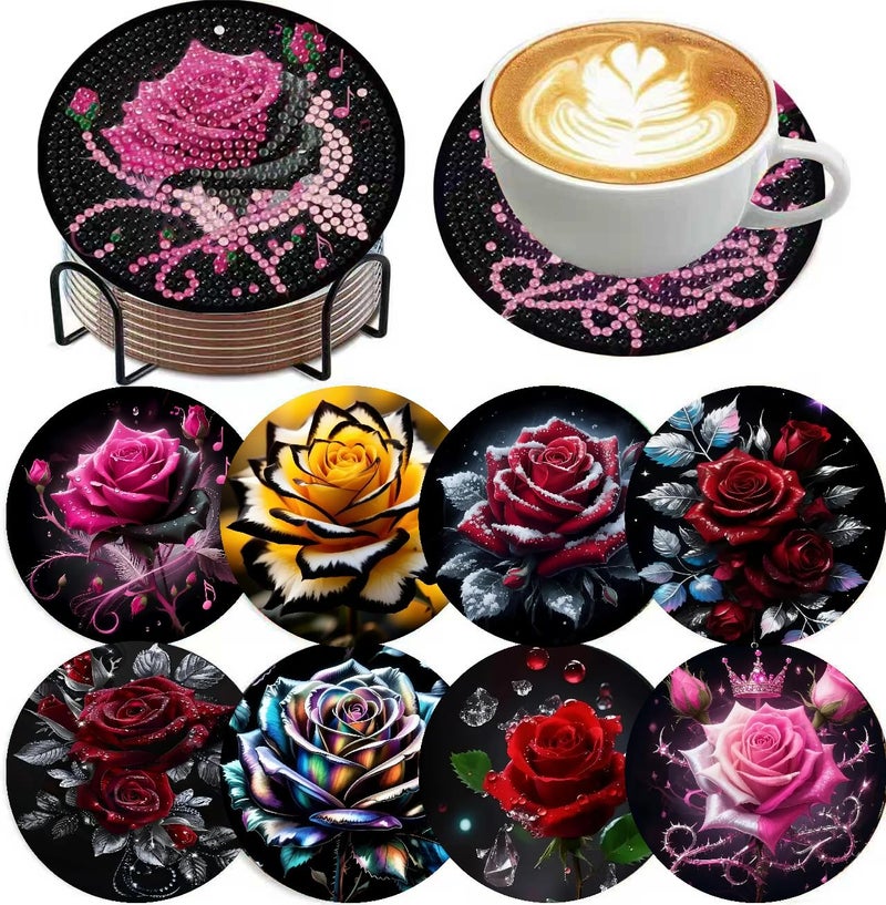 Mrnsiet 8PCS Diamond Art Coasters with Holder, DIY Flowers Diamond Painting Coasters Kits for Adults, Non Slip Rose Florwers Mosaic Dot Painting Coaster Gift Set for Beginners 4x4 Inch - Image 1