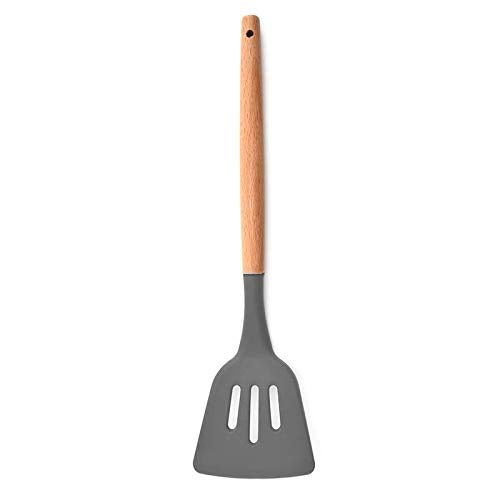 P-Plus International Silicone Slotted Spatula, High Heat Resistant to 480°F, BPA Free, Food Grade Slotted Turner, Wooden Handle Nonstick Flipper for Fish, Eggs (Grey, Pack of 1) - Image 1
