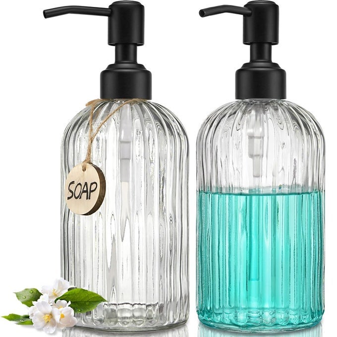 2PACK 18OZ SIMPLE GLASS SOAP DISPENSERS WITH BLACK PUMP REFILLABLE KITCHEN SOAP DISPENSER WITH VERTICAL STRIPE BATHROOM SOAP DISPENSER FOR BATHROOM HAND SOAP DISH SOAP LOTION
