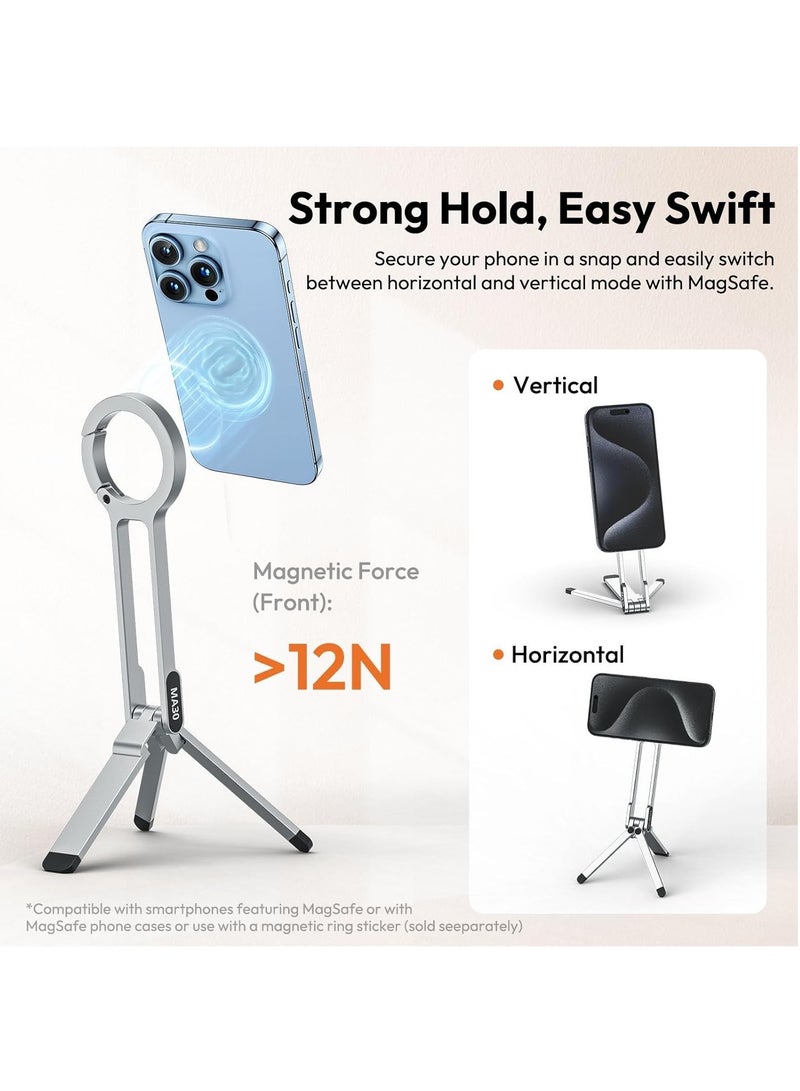 Ulanzi Ulanzi ULANZI MA30 Magnetic Phone Tripod Stand for iPhone Aluminium Maglock Smartphone Mini Tripod Pocket Cell Phone Stand Dual Sided Magnet Quick Mount Compatible with iPhone 16 15 14 13 12 Magsafe (Silver)  - Image 2