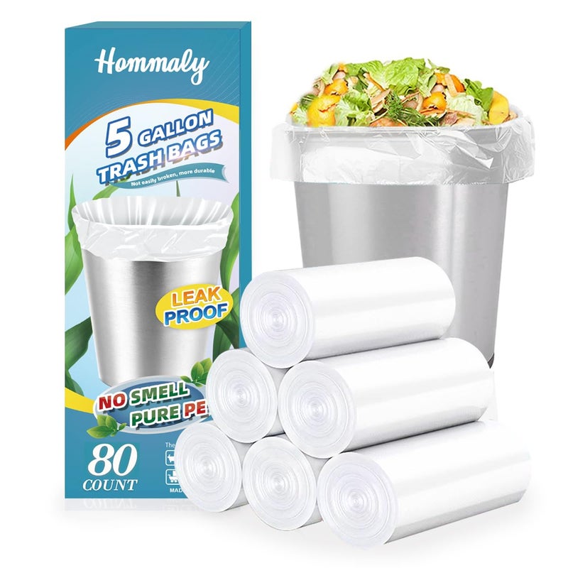 HOMMALY 5 Gallon 80pcs (Fit 4.5-5.3 Gal) Small Clear Trash Bags Strong Garbage Bags, 18-20 Liter Bathroom Trash Can Bin Liners, Unscented Plastic Bags for Office, Waste Basket Liner, 4.5,5Gal-Clear - Image 1