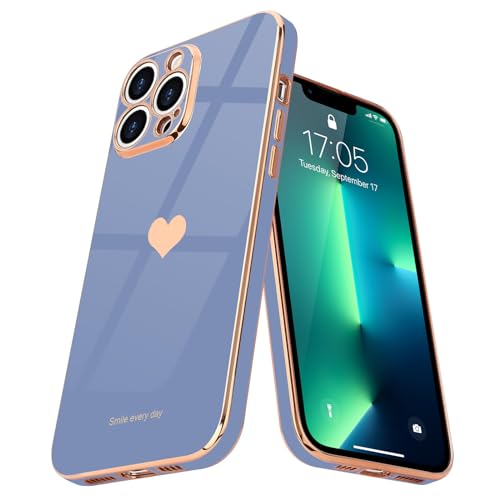 Teageo for iPhone 13 Pro Max Case for Girl Women Cute Love-Heart Luxury Bling Plating Soft Back Cover Raised Camera Protection Bumper Silicone Shockproof Phone Case, Cool Grey - Image 1