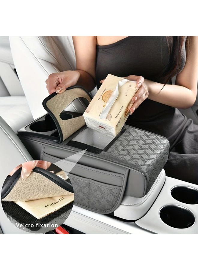 Six In One Car Center Console Organizer With Cup Holder And Storage Heavy Duty PU Leather Multi Functional Ergonomic Design Cushioned Padding Tissue Box And Phone Storage For All Cars Driver Or Passenger Side Digital Embossed Texture Durable Easy Clean Material Lafite Red - Image 3