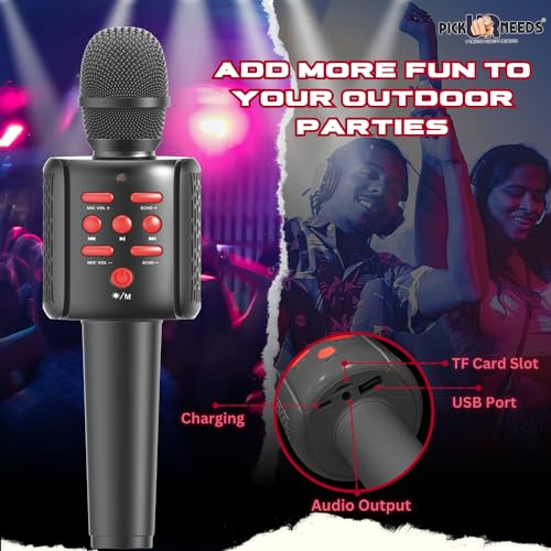 Pick Ur Needs Wireless Microphone Karaoke Mic Rechargeable Bluetooth Handheld for Singing & Party (Black) - Image 5