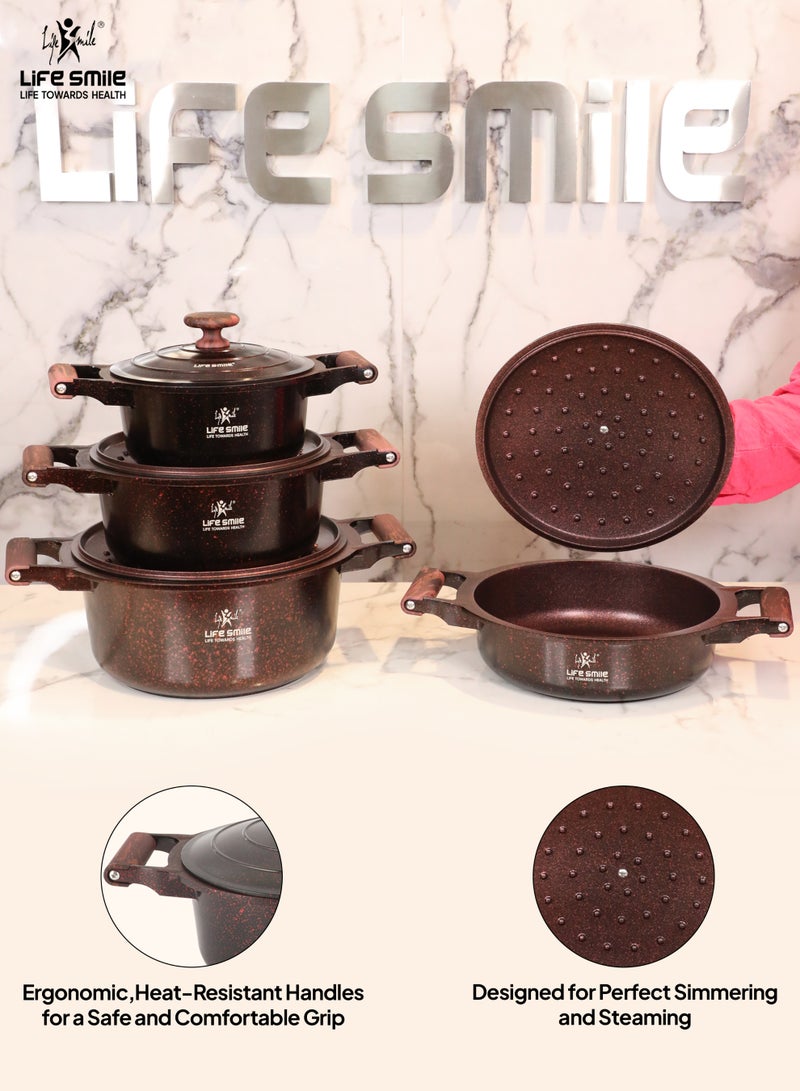 Life Smile 8pc Non Stick Cookware set - Granite Pots and Pans set ,100% PFOA FREE  Casseroles,Cookwares with Bakelite Knob & Handles, Induction Base Cooking Set include 20/24/28cm Soup Pot & 26cm Shallow Pot - Image 5