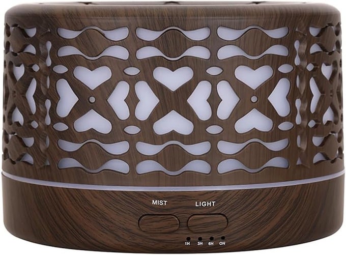 Wild Essentials 700ml Designer Large Room Essential Oil Diffuser, 5 in 1 Ultrasonic Aromatherapy Vaporizer Cool Mist Humidifier, Home, Office, Bedroom, Timer, Auto-Off, 7 Color LED (Dark Wood Hearts)