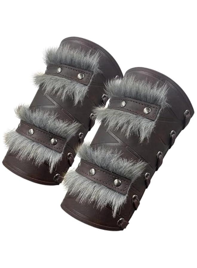 Generic Nordic Viking Barbarian Arm Guards, Medieval Artificial Fur Gauntlets, Vintage Faux Leather Bracers for LARP - Image 1