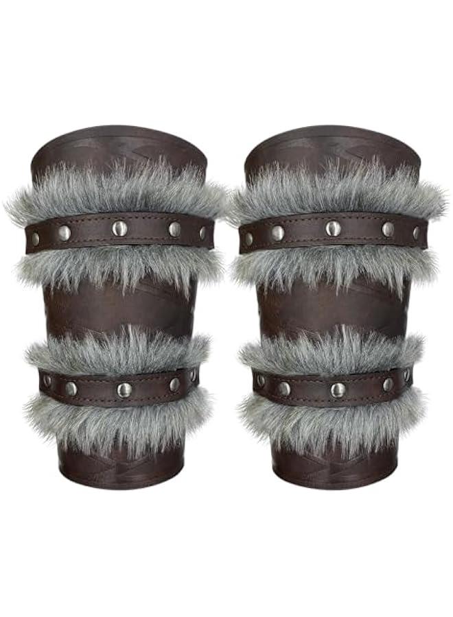Generic Nordic Viking Barbarian Arm Guards, Medieval Artificial Fur Gauntlets, Vintage Faux Leather Bracers for LARP - Image 3