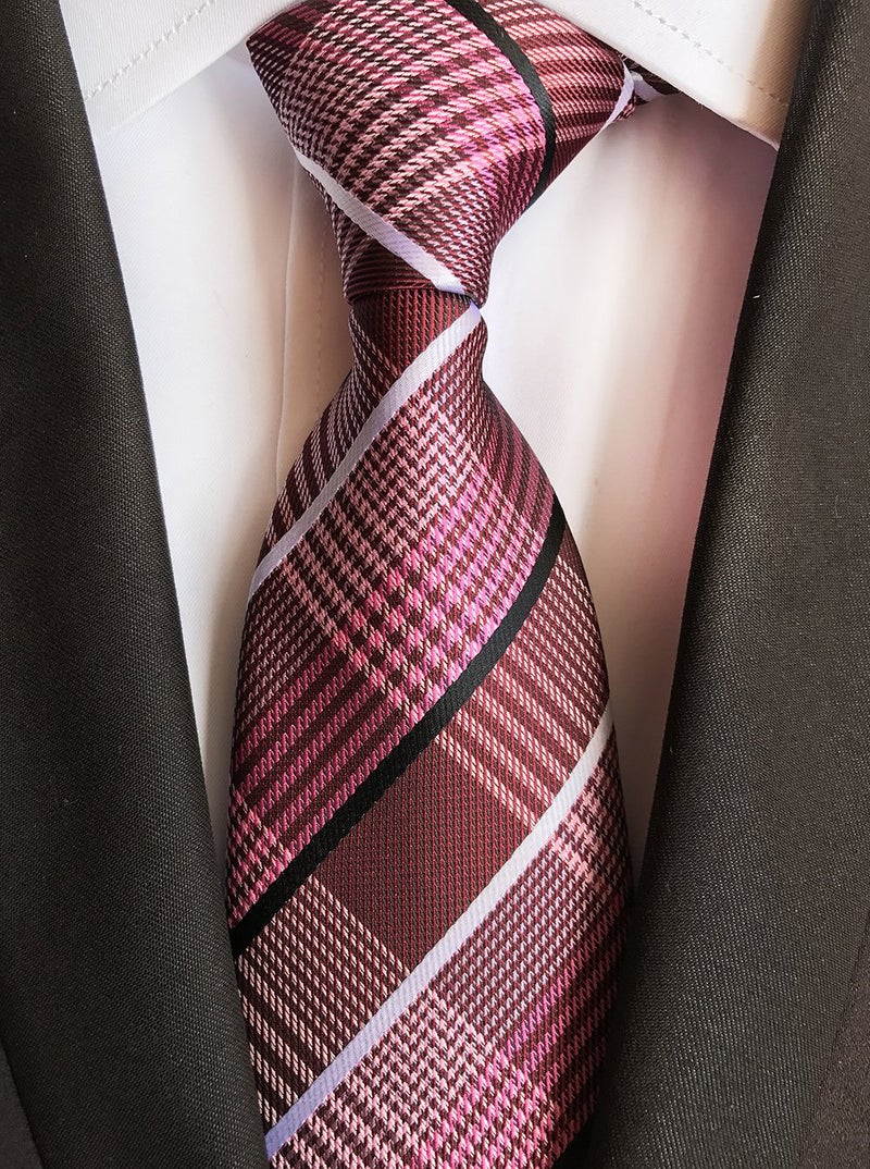 Elfeves Men's Claret Red Black White Woven Plaids Business Formal Suits Silk Ties for BF - Image 2