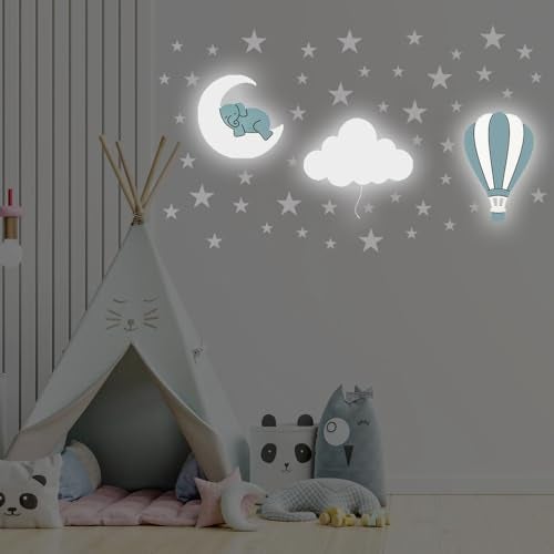 BugyBagy Dreamy Skies Nursery Wall Set Elephant on Moon Hot Air Balloon Star Stickers Blue Theme - Image 3