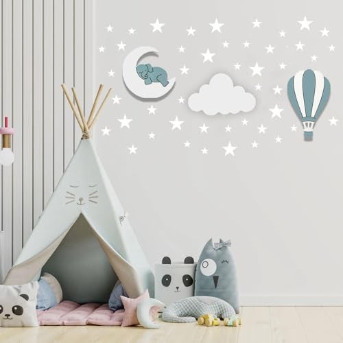 BugyBagy Dreamy Skies Nursery Wall Set Elephant on Moon Hot Air Balloon Star Stickers Blue Theme - Image 1