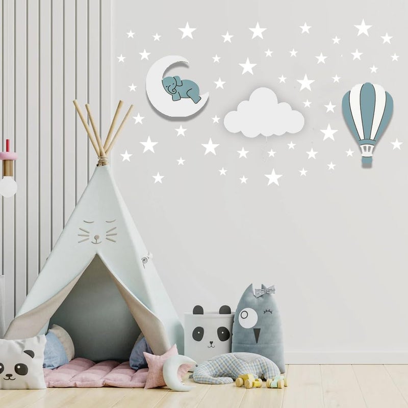 BugyBagy Dreamy Skies Nursery Wall Set Elephant on Moon Hot Air Balloon Star Stickers Blue Theme - Image 2