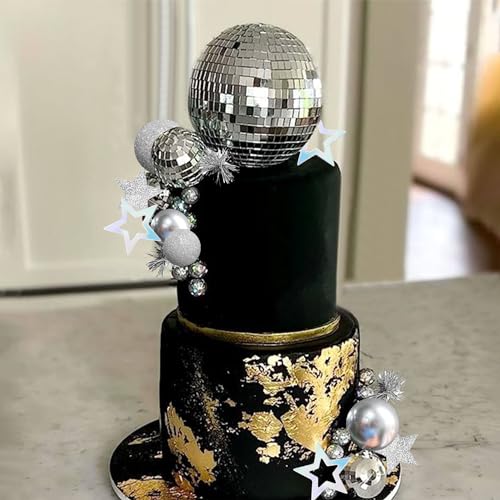 DRWATE Disco Ball Cake Topper Mirror Balls Cake Decorations with Silver Stars Cake Topper for 70s 80s Disco Dance Party Saturday Night Fever Supplies (Style 1) - Image 4