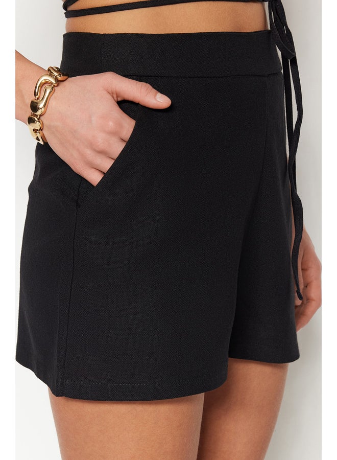 Black Woven Linen Blend 100% Cotton Shorts & Bermuda TBESS21SR0058