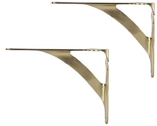 A29 Set of 2 Shelf Brackets for 8", 10", 12" Shelves - Polished Brass Finish - 9.88" X 7.38" Heavy Duty Brass L Brackets for Wall Shelves Hardware Included, - Image 1