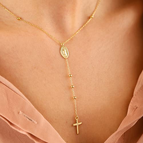 Moodear Simple Rosary Necklace - Trendy 14K Gold Plated Rosarios Catolicos Necklaces Dainty Crucifix Necklace Cross Pendant Necklace for Women Catholic Gifts - Image 3