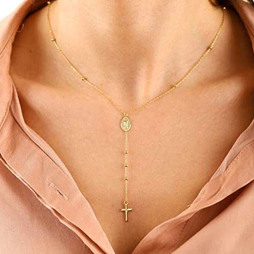 Moodear Simple Rosary Necklace - Trendy 14K Gold Plated Rosarios Catolicos Necklaces Dainty Crucifix Necklace Cross Pendant Necklace for Women Catholic Gifts - Image 4