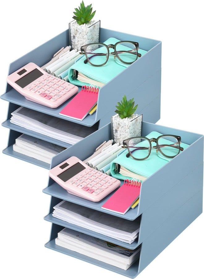 TecUnite 6 Pieces Stackable Letter Trays Blue Rectangular Stackable Office Letter Size Plastic Organizer Desk Tray for Desk Plastic Stacking Support for File Storage Office Classroom - Image 1