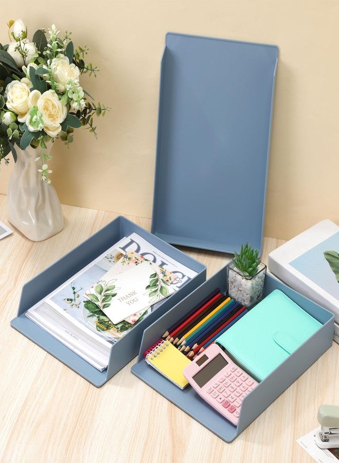 TecUnite 6 Pieces Stackable Letter Trays Blue Rectangular Stackable Office Letter Size Plastic Organizer Desk Tray for Desk Plastic Stacking Support for File Storage Office Classroom - Image 5