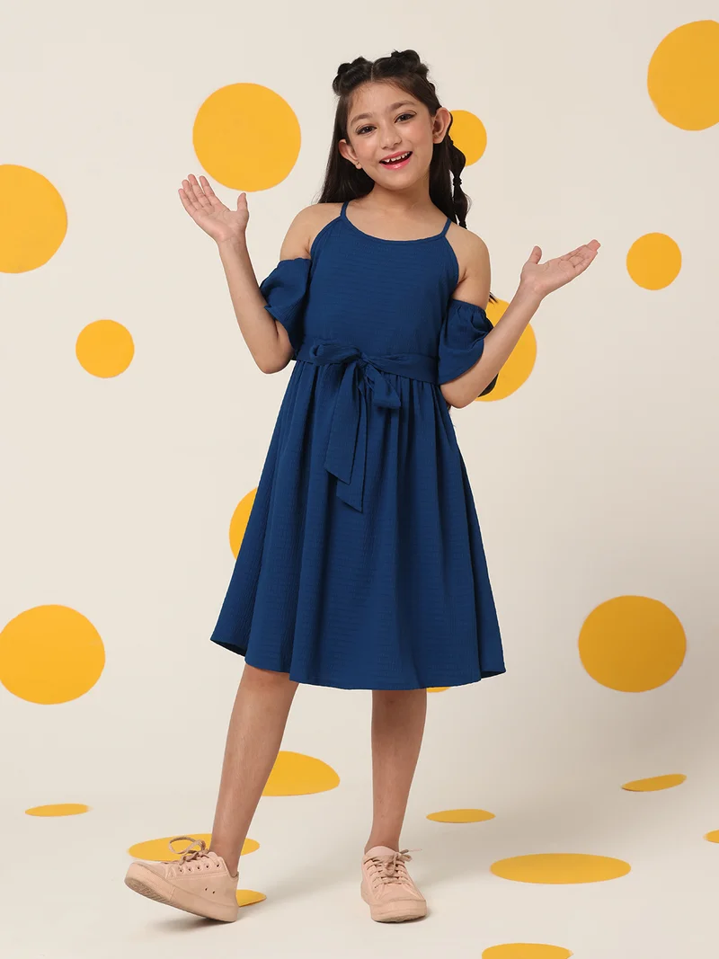 Cherry & Jerry Cherry & Jerry Navy Blue Seersucker Shoulder Straps A-line Dress