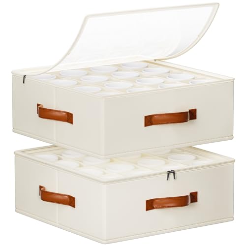 Foyego 2 Pack Coffee Mug Storage Box with Dividers, Stackable China Storage Containers with Lid, Zipper, and Handles for 32 Coffee Mugs and Cups, Mug Storage Organizer for Packing & Moving, Beige - Image 1