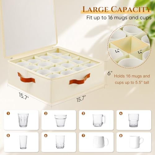 Foyego 2 Pack Coffee Mug Storage Box with Dividers, Stackable China Storage Containers with Lid, Zipper, and Handles for 32 Coffee Mugs and Cups, Mug Storage Organizer for Packing & Moving, Beige - Image 2
