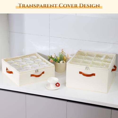 Foyego 2 Pack Coffee Mug Storage Box with Dividers, Stackable China Storage Containers with Lid, Zipper, and Handles for 32 Coffee Mugs and Cups, Mug Storage Organizer for Packing & Moving, Beige - Image 5