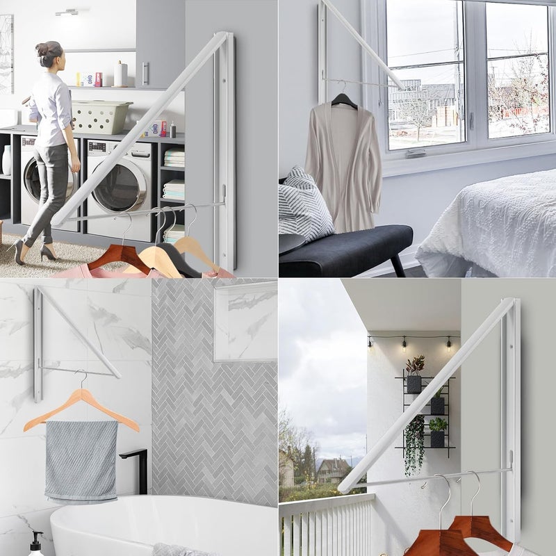RELONGGI Folding Coat Hangers, Wall Hanger Wall Mounted Retractable Drying Rack, 0.43'' 1.1CM Thickness Space Saving Laundry Racks and Closet Organizer, Aluminum (White) - Image 2