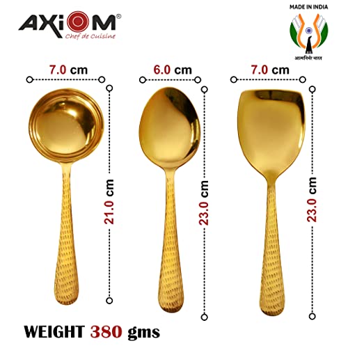 AXIOM Stainless Steel Golden Serving Tools Set. 4 Piece Heavy Gauge Non-Stick Set of 1 Soup Ladle (Karchi), 2 Solid Spoon (Chamcha) & 1 Rice Spoon for Serving Soup/Curry/dal/Rice. Champagne Gold - Image 5