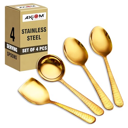 AXIOM Stainless Steel Golden Serving Tools Set. 4 Piece Heavy Gauge Non-Stick Set of 1 Soup Ladle (Karchi), 2 Solid Spoon (Chamcha) & 1 Rice Spoon for Serving Soup/Curry/dal/Rice. Champagne Gold - Image 1