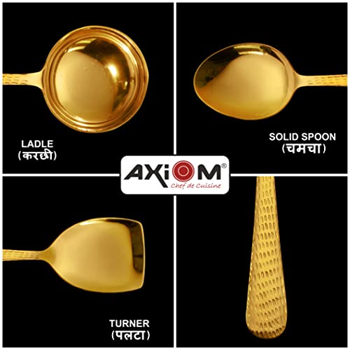 AXIOM Stainless Steel Golden Serving Tools Set. 4 Piece Heavy Gauge Non-Stick Set of 1 Soup Ladle (Karchi), 2 Solid Spoon (Chamcha) & 1 Rice Spoon for Serving Soup/Curry/dal/Rice. Champagne Gold - Image 3