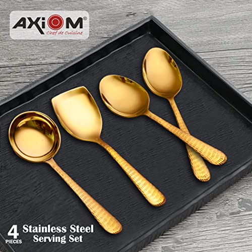 AXIOM Stainless Steel Golden Serving Tools Set. 4 Piece Heavy Gauge Non-Stick Set of 1 Soup Ladle (Karchi), 2 Solid Spoon (Chamcha) & 1 Rice Spoon for Serving Soup/Curry/dal/Rice. Champagne Gold - Image 2