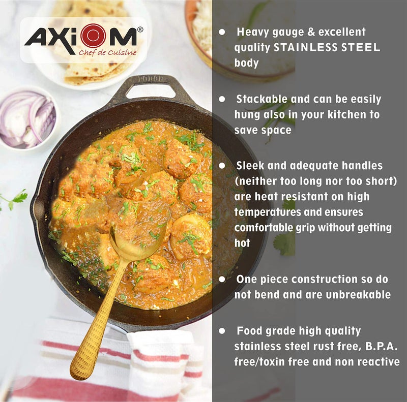 AXIOM Stainless Steel Golden Serving Tools Set. 4 Piece Heavy Gauge Non-Stick Set of 1 Soup Ladle (Karchi), 2 Solid Spoon (Chamcha) & 1 Rice Spoon for Serving Soup/Curry/dal/Rice. Champagne Gold - Image 4