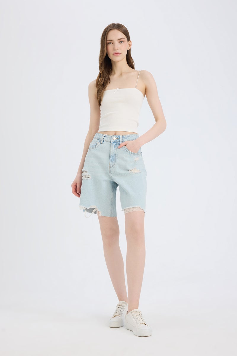 DeFacto Blue Woman Normal Waist Jean Bermuda Shorts Casual - Image 4
