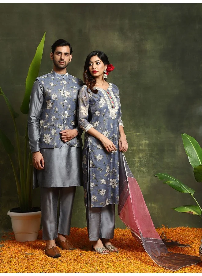 AKS AKS Couture Floral Printed Chanderi Silk Straight Kurta with Palazzos & Dupatta