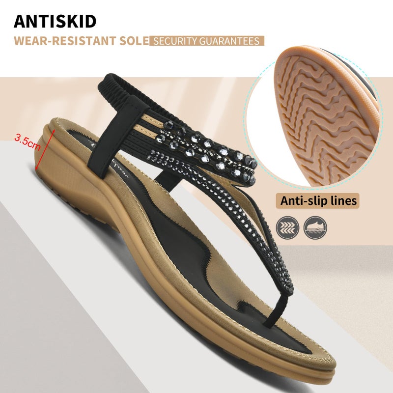 Littleplum Womens Sandals Arch Support Slingback Rhinestone Dressy Sandals Comfort Summer Shoes Ankle Strap Elastic Flats for Beach Walking Elegant Black Size 8 - Image 5