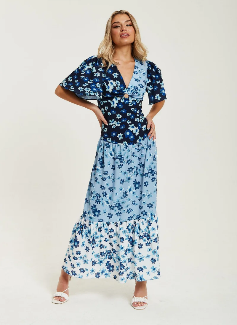 Liquorish Floral Midi Dress in Blue Navy and White