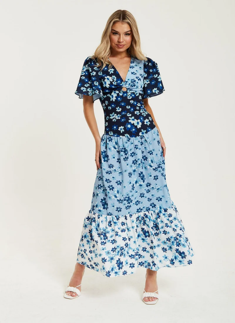 Liquorish Floral Midi Dress in Blue Navy and White