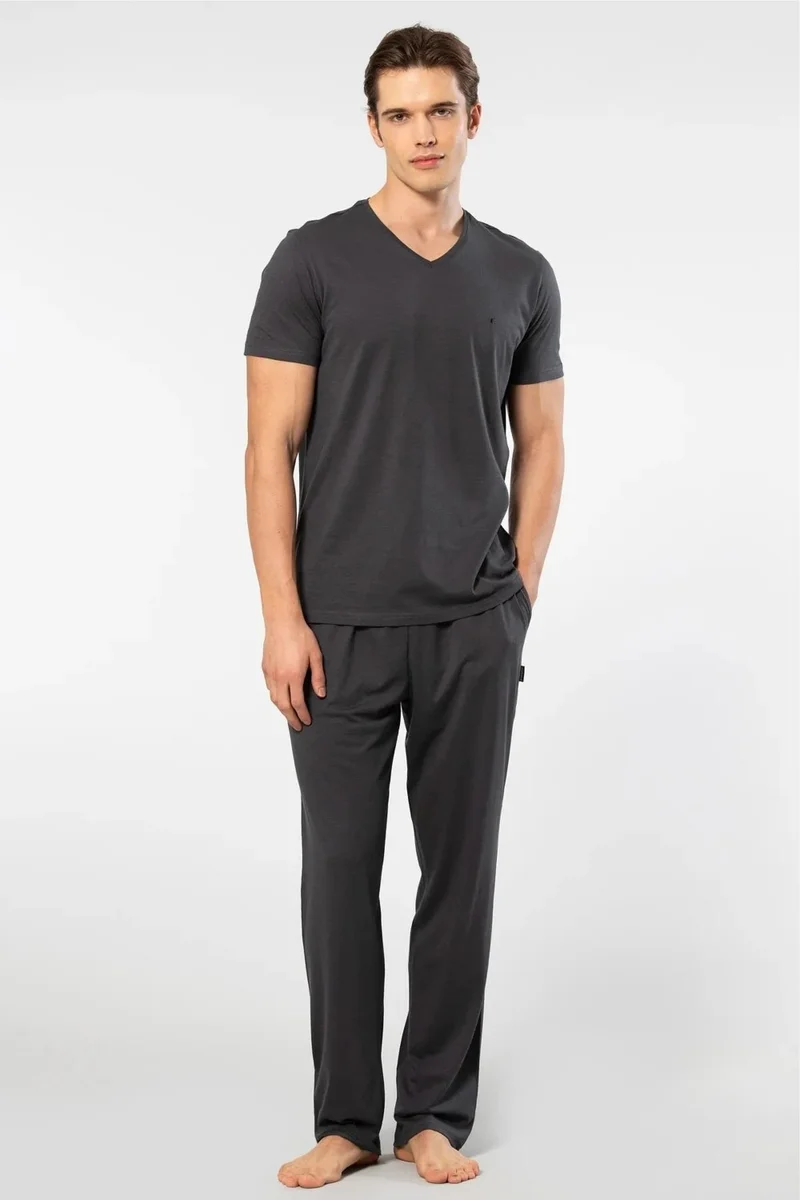 cacharel V-Neck T-Shirt and Pocket Pajama Set, 50% Cotton 50% Modal