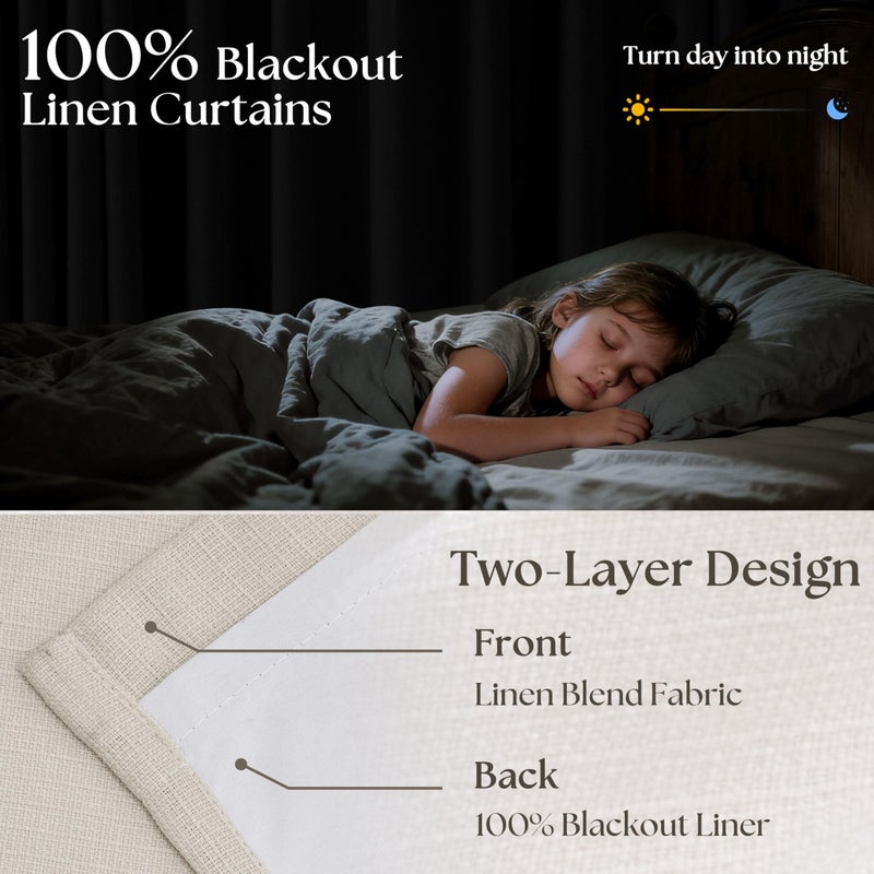 TWODRAPES Pinch Pleated Blackout 102 Inch Curtains 70 Inch Wide Linen Dual Layer Soundproof Farmhouse Bedroom Window Curtains for Living Room Cream Natural Hooks Rings Back Tab 100% Black Out Drapes 1 Panel - Image 3